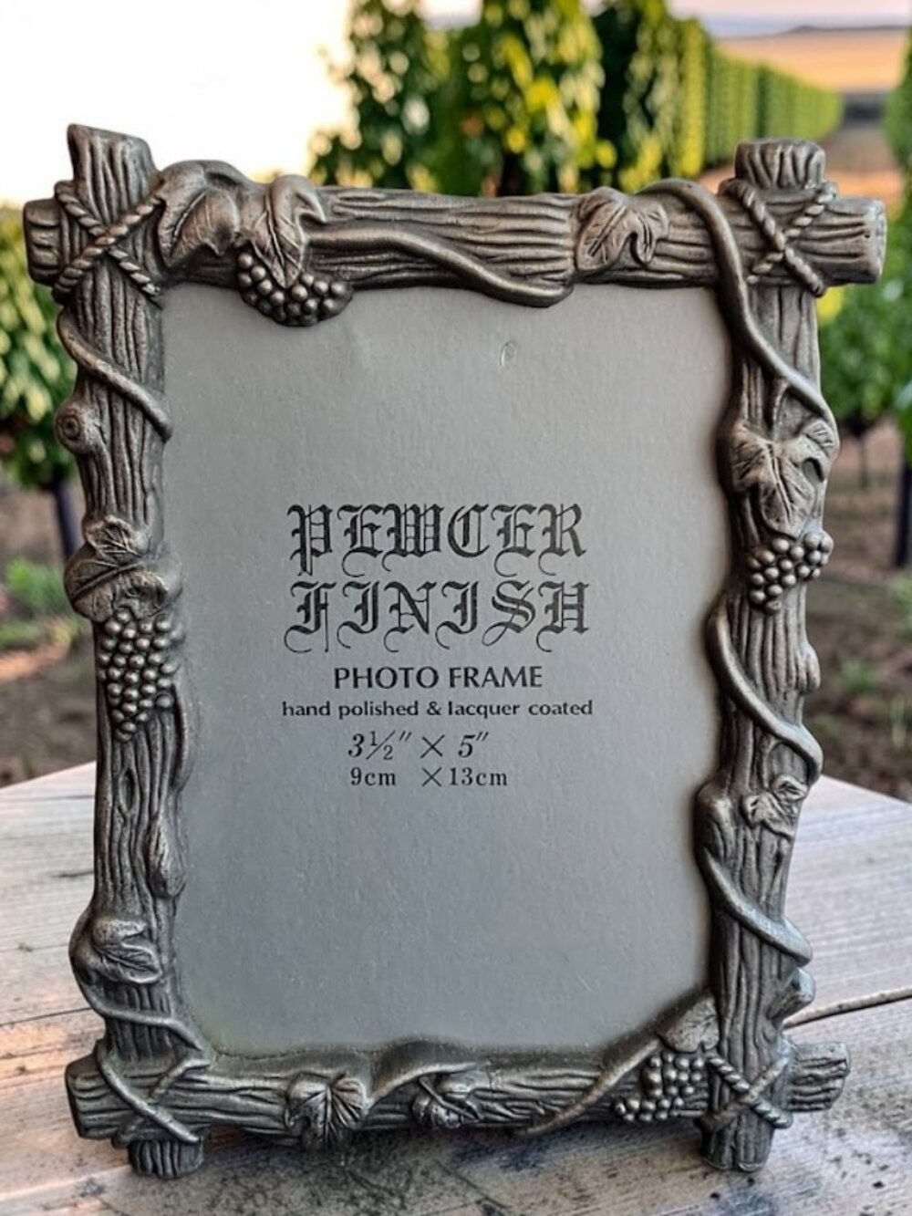 Pewter Desk Picture Frame, Hand Polished, 3.5" x 5", Vineyard Vibe